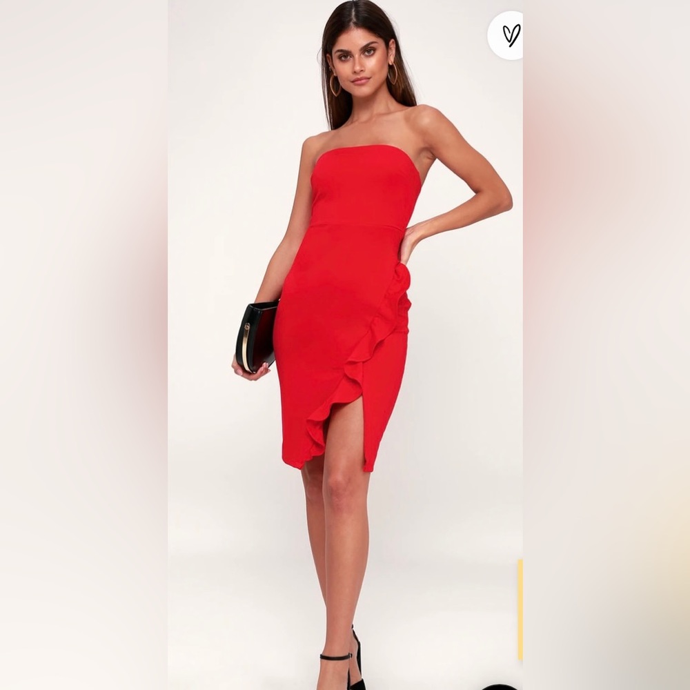 NWT Lulus Anika Red Ruffled Strapless Bodycon Dress